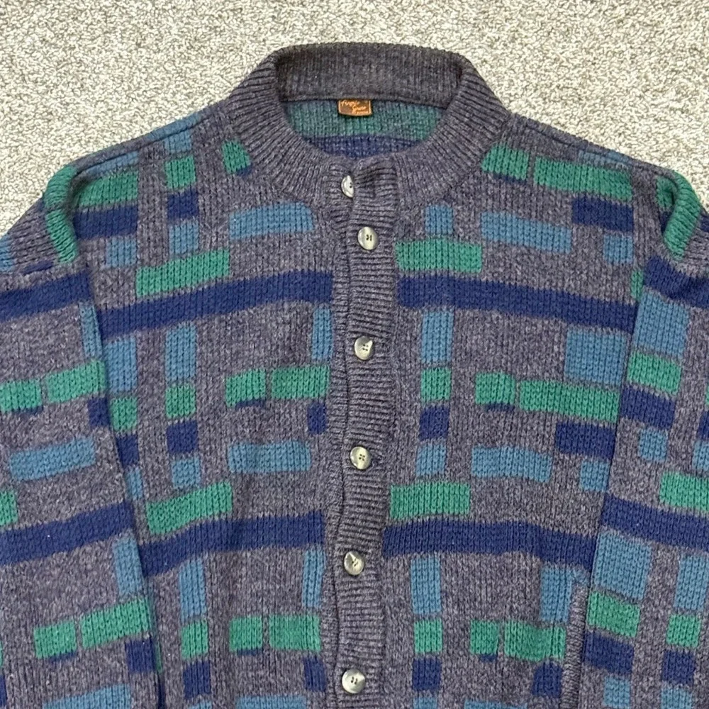Vintage 70s Angelo Greco Geometric Knit Cardigan Sweater Blue Green Mens 2XL